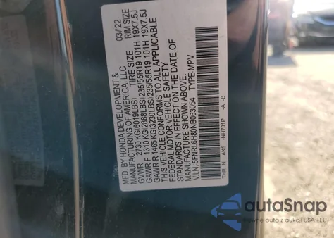 2022 Honda Odyssey Touring z USA, uszkodzony, nr VIN 5FNRL6H80NB063054